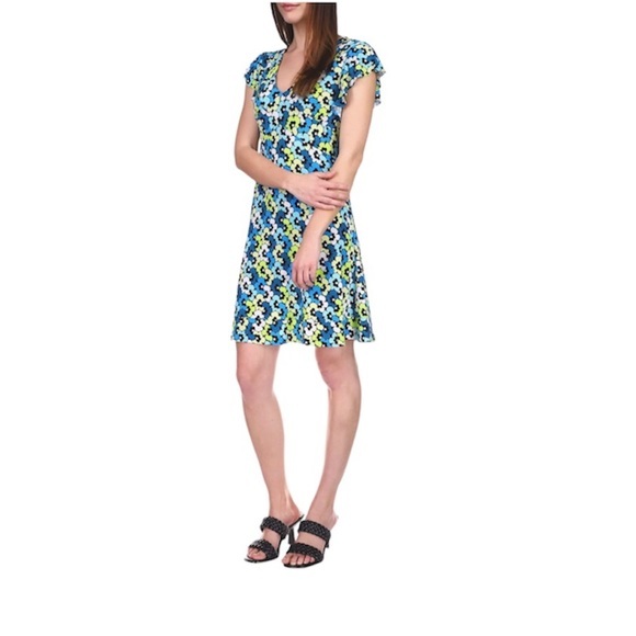 MICHAEL Michael Kors Women's 60s Floral Seamed Cap Flutter Sleeve Dress L - Picture 1 of 16